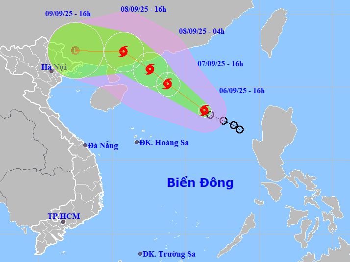 Hướng di chuyển của bão số 7 chiều tối 6/9. Nguồn: NCHMF