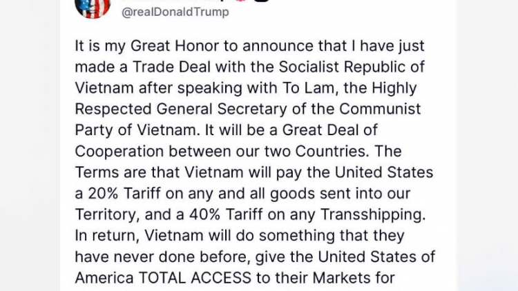 Tổng thống  Donald Trump thông báo đạt thỏa thuận thương mại với Việt Nam