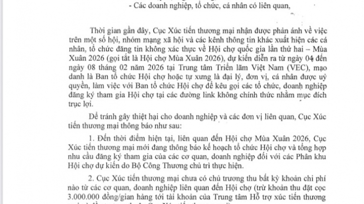 Cảnh báo thông tin không xác thực về Hội chợ quốc gia lần thứ hai- Mùa Xuân 2026