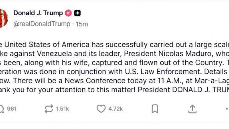 Tổng thống Trump tuyên bố Mỹ tấn công Venezuela, bắt giữ Tổng thống Maduro 