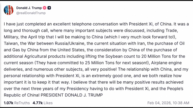 Tổng thống Mỹ Donald Trump điện đàm với Chủ tịch Trung Quốc Tập Cận Bình