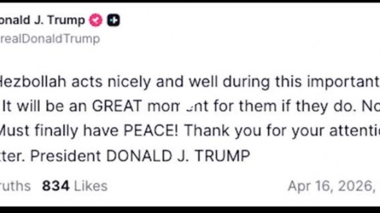 Tổng thống Mỹ Donald Trump hy vọng Hezbollad hành xử đúng sau lệnh ngừng bắn