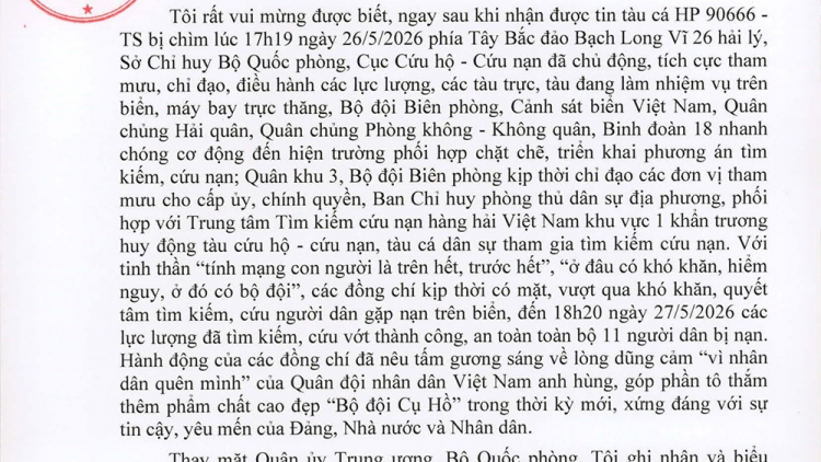 Thư biểu dương, cán bộ chiến sỹ QĐND cứu nạn thành công 11 ngư dân