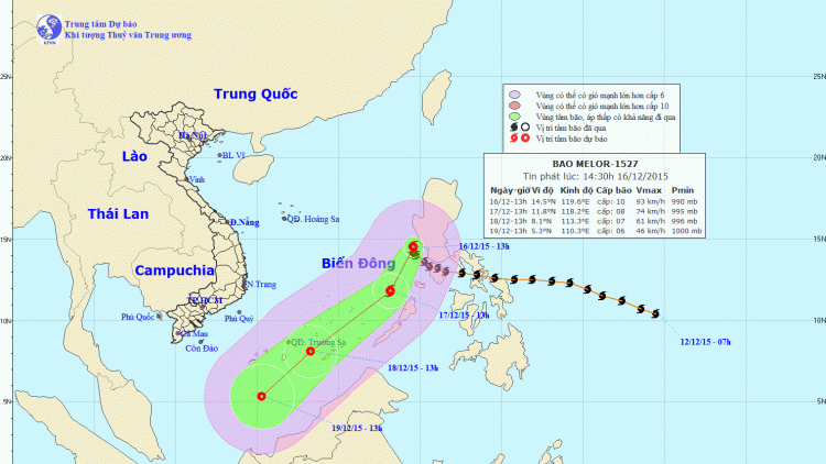 Tin bão trên biển Đông (Cơn bão số 5) lúc 15h00 ngày 16/12/2015.