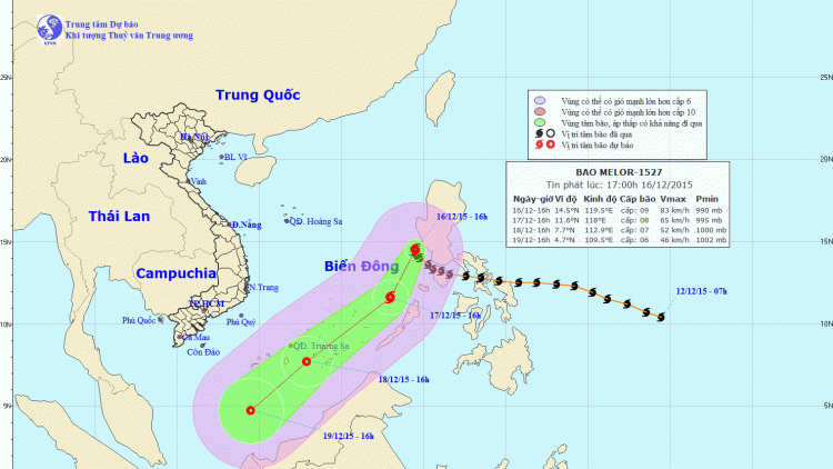 Tin bão trên biển Đông (Cơn bão số 5) lúc 17h00 ngày 16/12/2015.