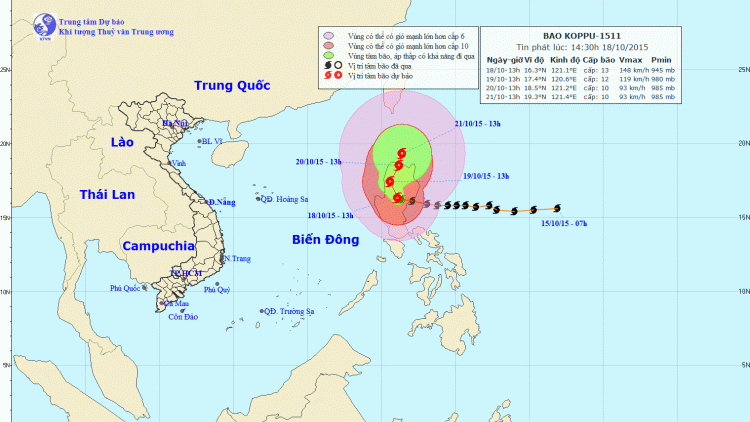 TIN BÃO TRÊN ĐẤT LIỀN PHILIPPIN (Cơn bão Koppu) lúc 16h00 ngày 18/10/2015