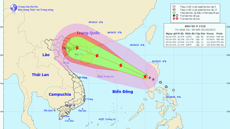 Tin bão trên biển Đông (Cơn bão số 4) lúc 10h00 ngày 02/10/2015