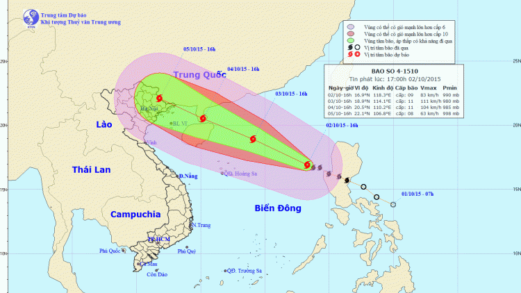 Tin bão trên biển Đông (Cơn bão số 4) lúc 18h00 ngày 02/10/2015