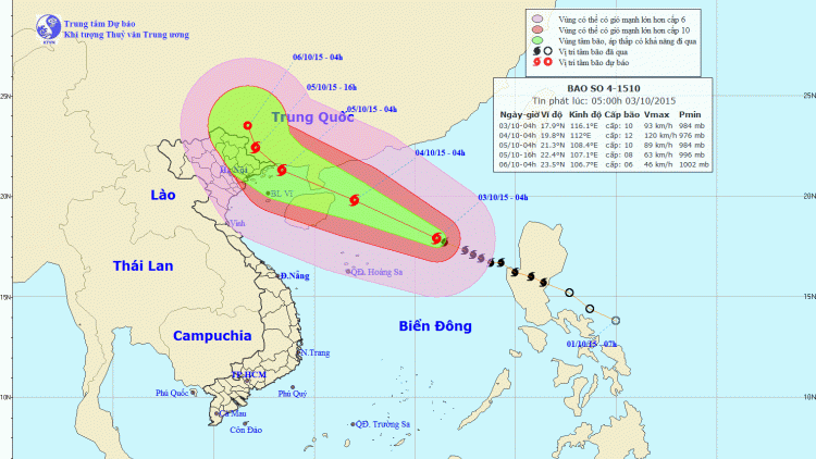 Tin bão trên biển Đông (cơn bão số 4) lúc 07h00 ngày 03/10/2015