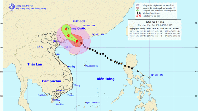 Tin bão trên biển Đông (cơn bão số 4) lúc 15h00 ngày 04/10/2015