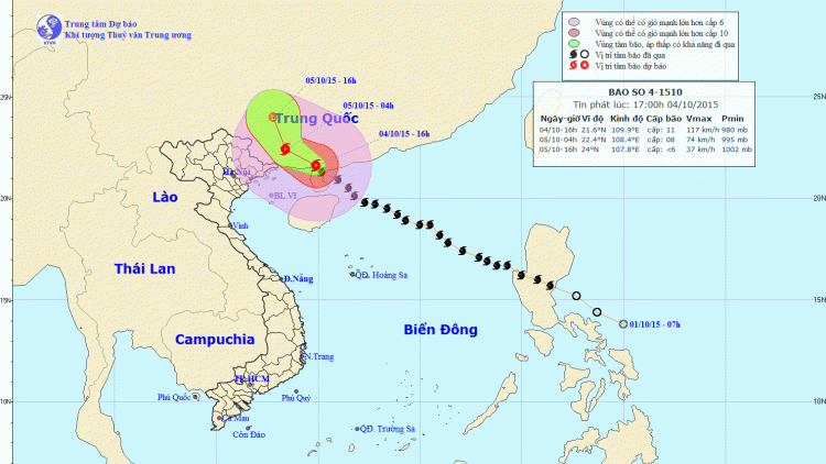 Tin bão trên biển Đông (cơn bão số 4) lúc 18h00 ngày 04/10/2015