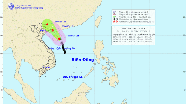 Tin về cơn bão số 1 lúc 22H00 ngày 22/6/2015