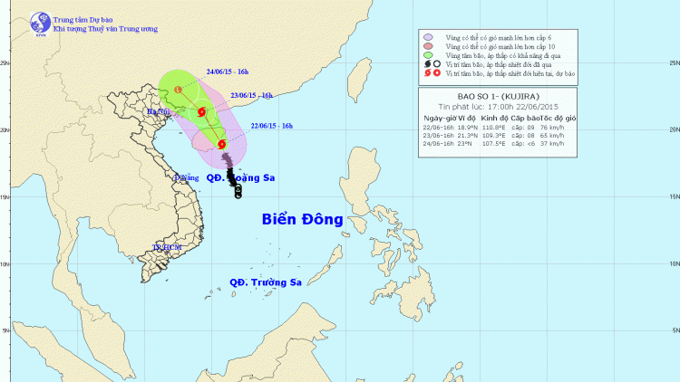 Tin về cơn bão số 1 có tên quốc tế là Ku-ji-ra lúc 18h00 ngày 22/6/2015