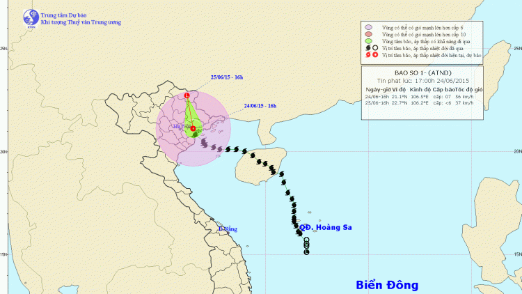 Tin áp thấp nhiệt đới trên đất liền lúc 17h30 ngày 24/6/2015