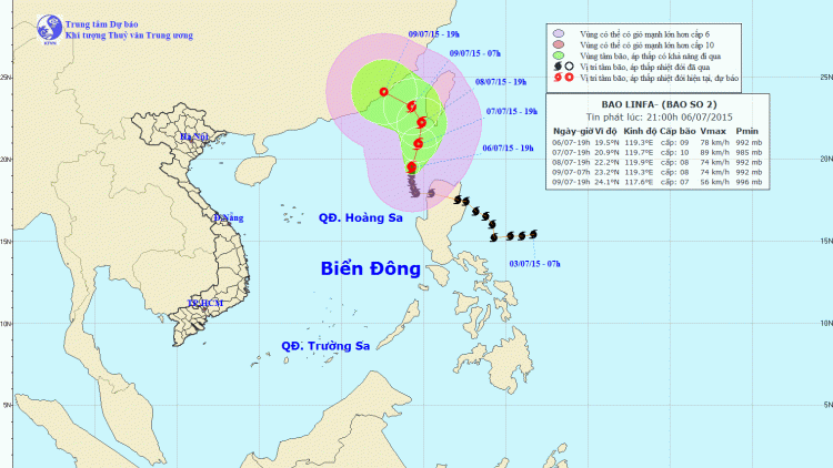 Tin về cơn bão số 2 lúc 22h00 ngày 06/7/2015