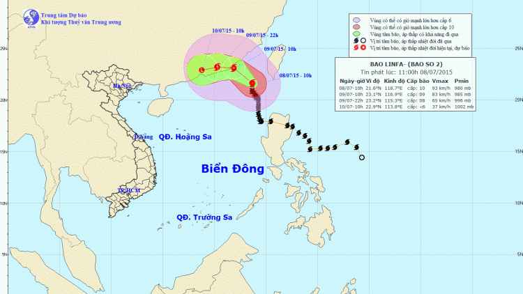 Tin về cơn bão số 2 lúc 11h00 ngày 08/7/2015