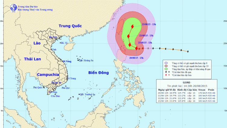 Tin về cơn bão Goni lúc 14h30 ngày 20/8/2015