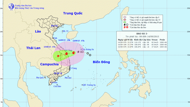 Tin bão khẩn cấp (Cơn bão số 3) lúc 10h00 ngày 14/9/2015