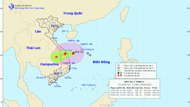 Tin về cơn bão số 3 lúc 13h00 ngày 14/9/2015