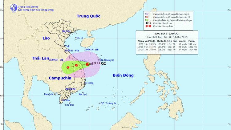 Tin về cơn bão số 3 lúc 15h00 ngày 14/9/2015