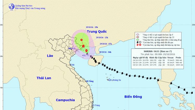 Tin bão khẩn cấp (Cơn bão số 7) lúc 09h00 (19/10/2016)