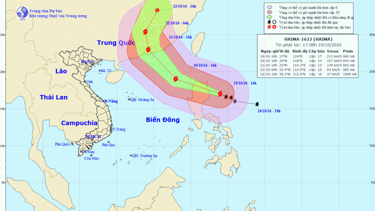 Tin áp thấp nhiệt đới (suy yếu từ bão số 7 - SARIKA) và tin bão gần Biển Đông (siêu bão HAIMA)  lúc 17h00 (19/10/2016)