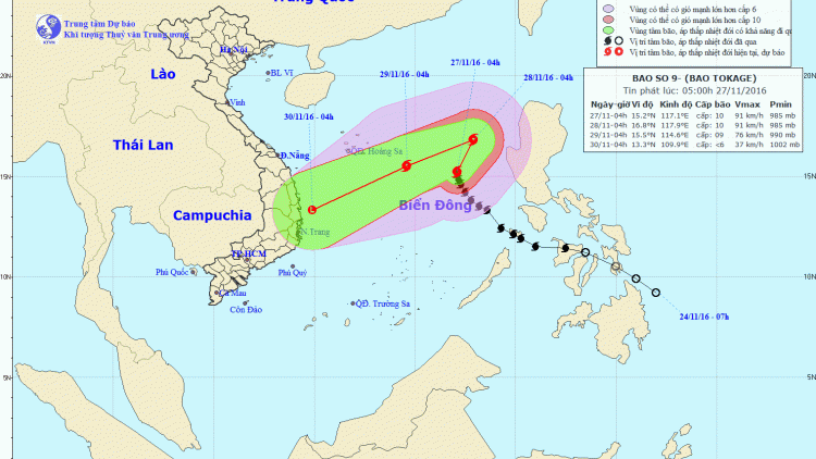 Tin bão trên biển Đông (Cơn bão số 9) lúc 05h00 ngày 27/11/2016