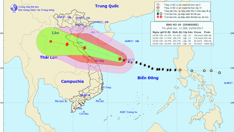 Tin bão khẩn cấp, cơn bão số 10 (12h00 ngày 14/9/2017)