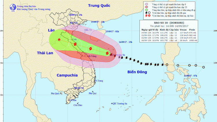 Tin bão khẩn cấp, cơn bão số 10 (14h30 ngày 14/9/2017)