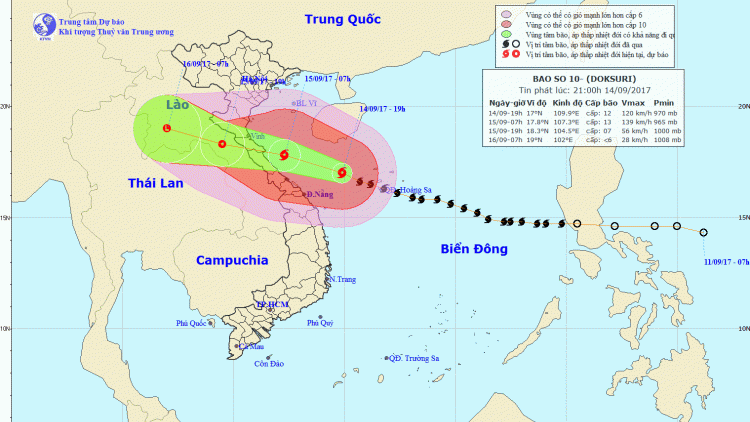 Tin bão khẩn cấp, cơn bão số 10 (21h00 ngày 14/9/2017)