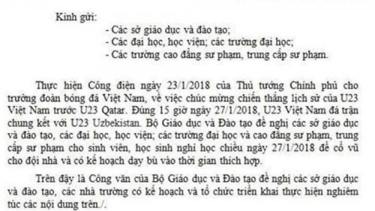 Bộ Giáo dục và Đào tạo cảnh báo về công văn giả mạo lan truyền trên mạng xã hội về việc cho học sinh nghỉ học để cổ vũ bóng đá (Thời sự chiều 25/1/2018)