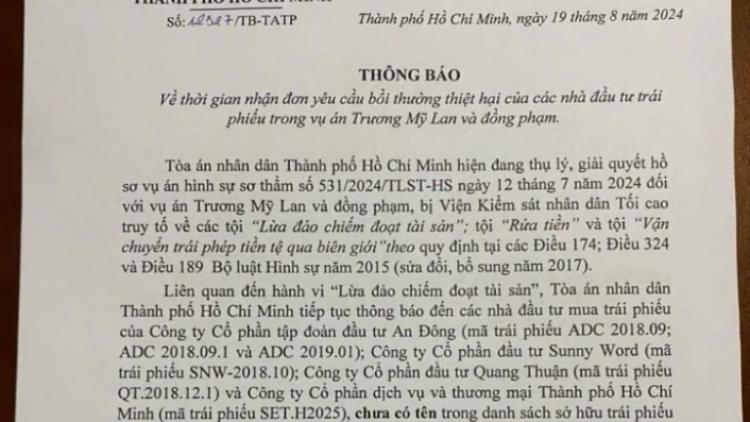 THỜI SỰ 21H30 ĐÊM 19/08/2024: Tòa án nhân dân TPHCM nhận đơn yêu cầu bồi thường thiệt hại của người mua trái phiếu trong vụ án Trương Mỹ Lan