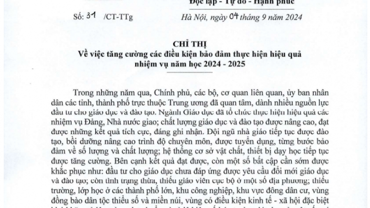 THỜI SỰ 21H30 ĐÊM 04/09/2024: Thủ tướng Chính phủ yêu cầu tăng cường các điều kiện bảo đảm thực hiện hiệu quả nhiệm vụ năm học 2024 – 2025.