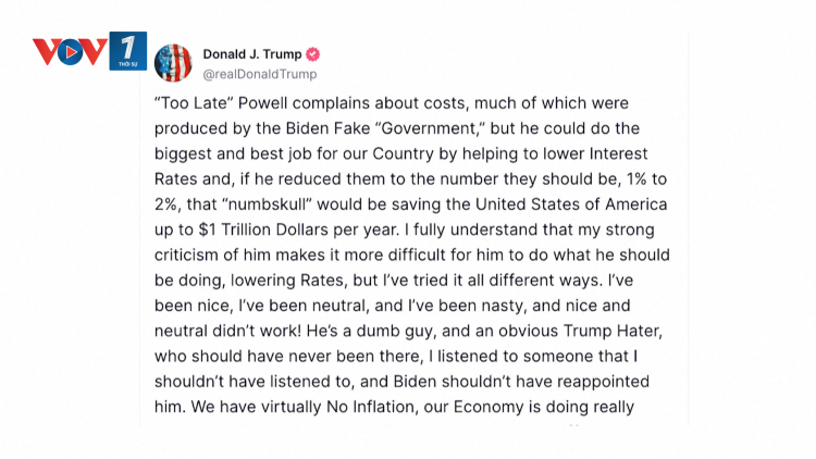 Tổng thống Trump bóng gió khả năng sa thải Chủ tịch Fed Jerome Powell