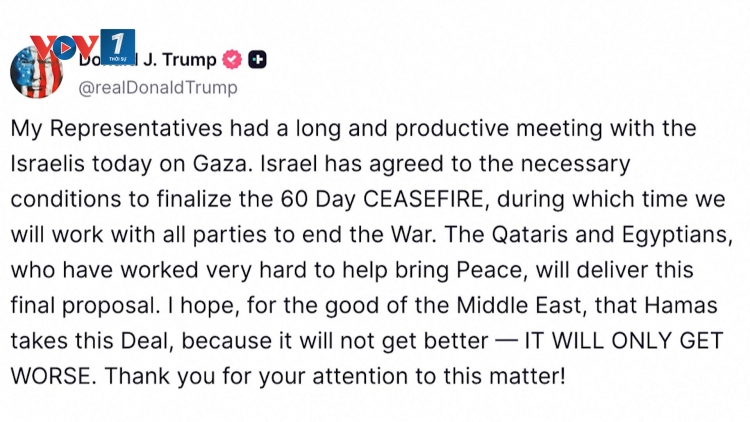 Tổng thống Trump: Israel đồng ý các điều kiện cần thiết để chốt lệnh ngừng bắn 60 ngày ở Gaza