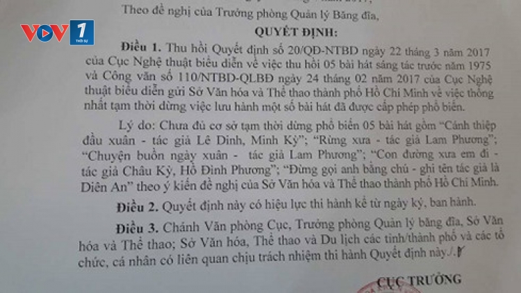 Bộ Văn hóa - Thể thao và Du lịch yêu cầu Cục Nghệ thuật biểu diễn thu hồi lại quyết định tạm dừng lưu hành 5 ca khúc sáng tác trước năm 1975 (Thời sự trưa 15/4/2017)