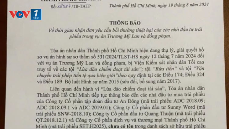 THỜI SỰ 21H30 ĐÊM 19/08/2024: Tòa án nhân dân TPHCM nhận đơn yêu cầu bồi thường thiệt hại của người mua trái phiếu trong vụ án Trương Mỹ Lan