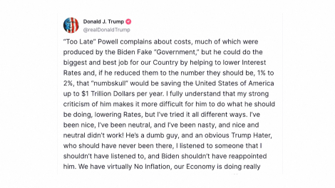 Tổng thống Trump bóng gió khả năng sa thải Chủ tịch Fed Jerome Powell