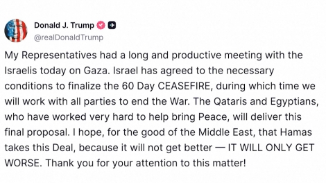 Tổng thống Trump: Israel đồng ý các điều kiện cần thiết để chốt lệnh ngừng bắn 60 ngày ở Gaza
