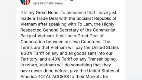 Tổng thống  Donald Trump thông báo đạt thỏa thuận thương mại với Việt Nam