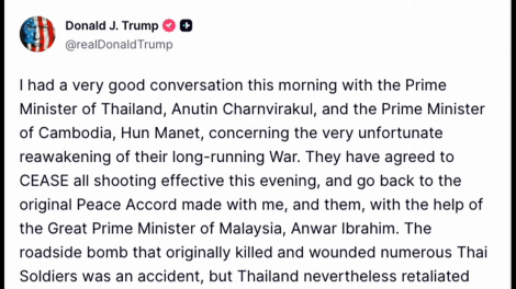 Tổng thống Trump: Thái Lan và Campuchia đã nhất trí ngừng bắn