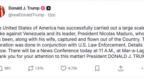 Tổng thống Trump tuyên bố Mỹ tấn công Venezuela, bắt giữ Tổng thống Maduro 