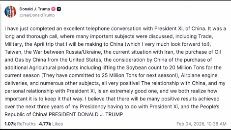 Tổng thống Mỹ Donald Trump điện đàm với Chủ tịch Trung Quốc Tập Cận Bình