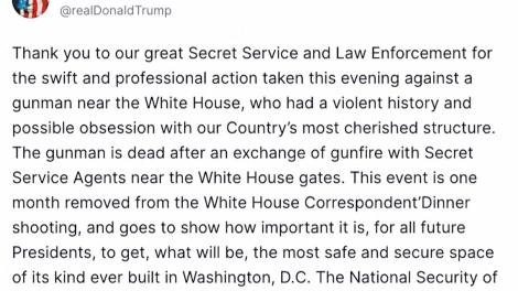 Tổng thống Donald Trump ca ngợi Mật vụ sau vụ nổ súng gần Nhà Trắng