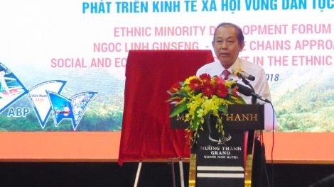Dự Diễn đàn phát triển Dân tộc thiểu số, Phó thủ tướng Trương Hòa Bình yêu cầu các địa phương ở Tây Nguyên và Nam Trung Bộ cùng liên kết, kêu gọi sự tham gia của các doanh nghiệp vào phát triển cây Sâm Ngọc Linh để xứng tầm với một loại dược liệu quý đã được công nhận là sản phẩm quốc gia ( Thời sự chiều 20/8/2018)
