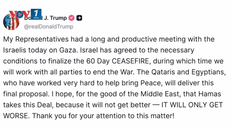 Tổng thống Trump: Israel đồng ý các điều kiện cần thiết để chốt lệnh ngừng bắn 60 ngày ở Gaza