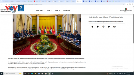 Truyền thông Jordan: Quốc vương Abdullah II tự hào về chặng đường quan hệ tốt đẹp với Việt Nam