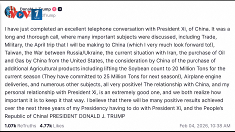 Tổng thống Mỹ Donald Trump điện đàm với Chủ tịch Trung Quốc Tập Cận Bình