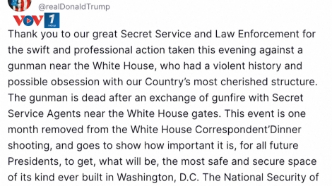 Tổng thống Donald Trump ca ngợi Mật vụ sau vụ nổ súng gần Nhà Trắng
