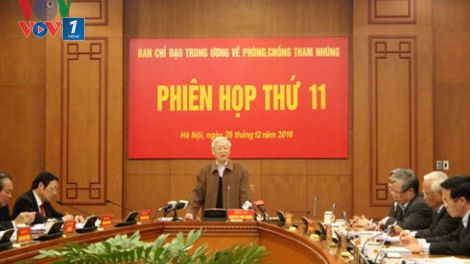 Tổng Bí thư Nguyễn Phú Trọng nhấn mạnh, trọng tâm công tác năm tới của Ban chỉ đạo Trung ương về phòng chống tham nhũng là lãnh đạo, chỉ đạo phát hiện và xử lý tham nhũng. (Thời sự đêm 28/12/2016)